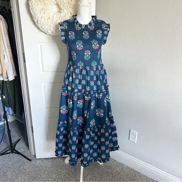 Ward Smocked Block Print Midi Dress Mud Pie Size S Navy - Picture 2 of 10